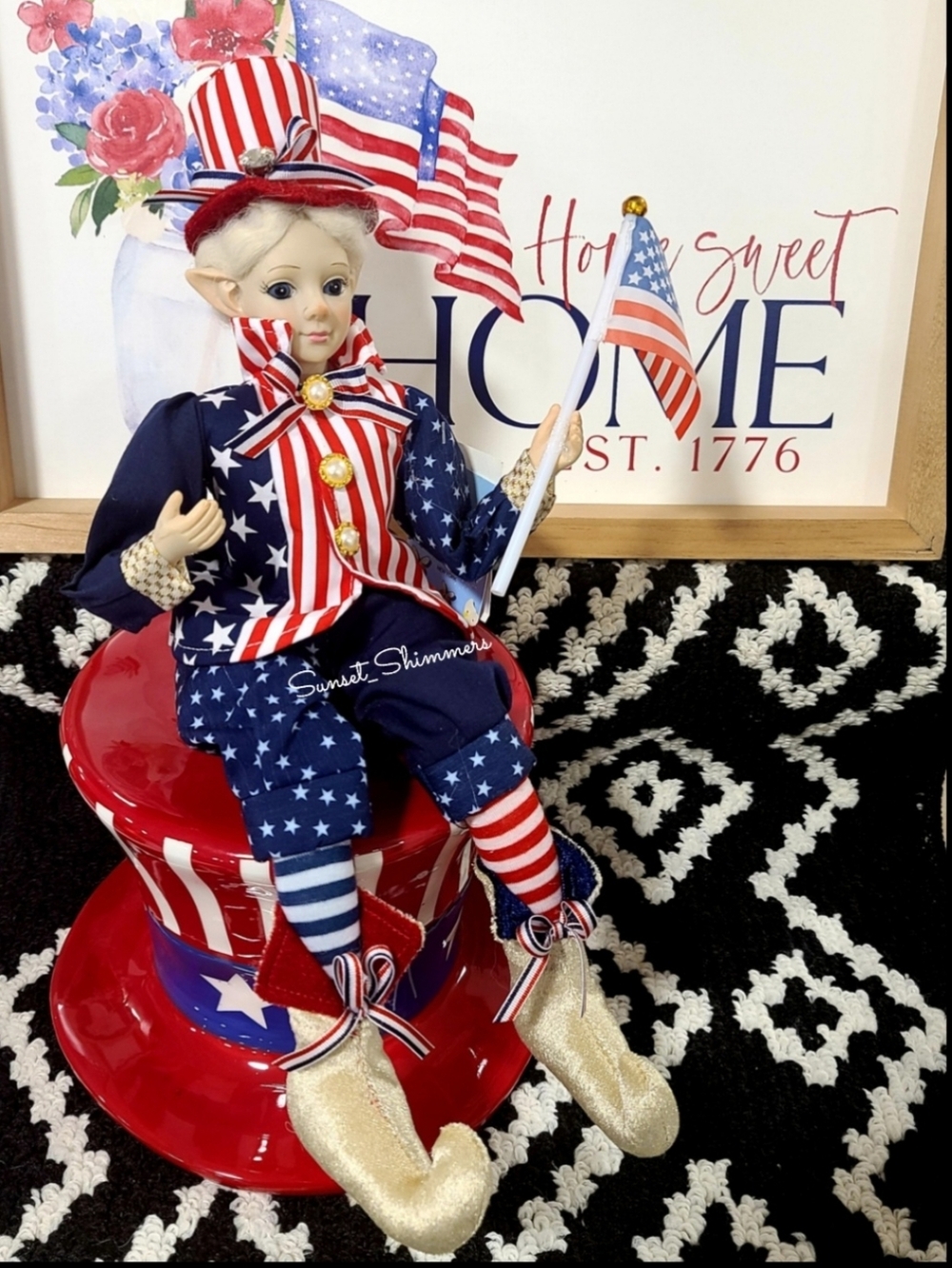 July 4th Patriotic Red White Blue Elf Fairy Doll Shelf Sitter 16" Americana New